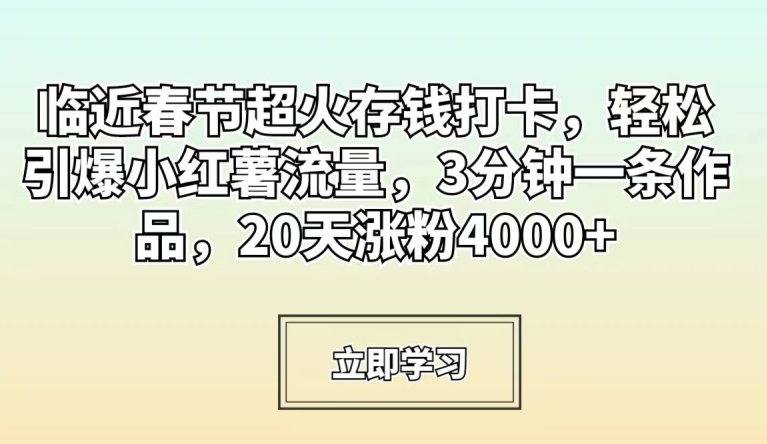 临近春节超火存钱打卡，轻松引爆小红薯流量，3分钟一条作品，20天涨粉4000+-<a href=