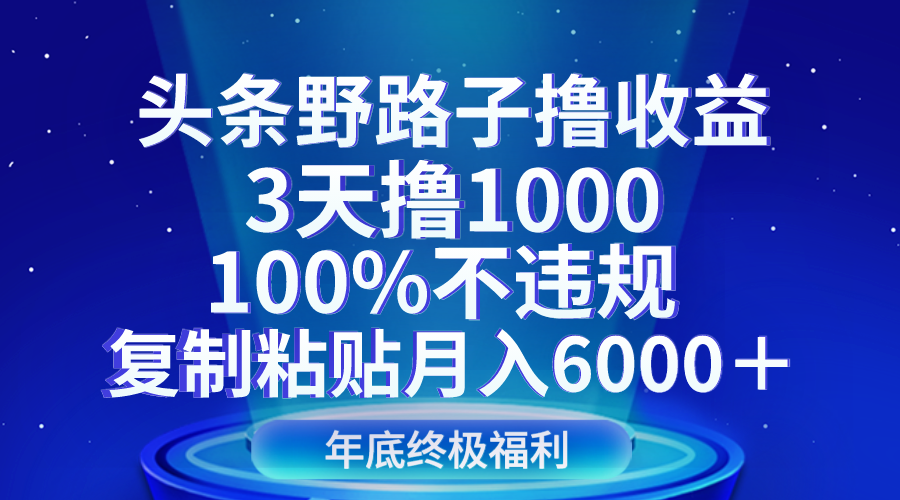 头条野路子撸收益，3天撸1000，100%不违规，复制粘贴月入6000＋-<a href=