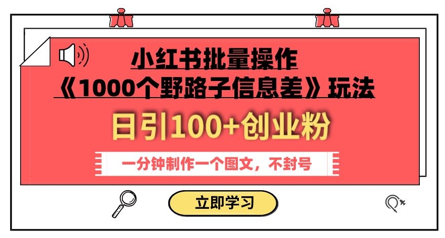 小红书批量操作《1000个野路子信息差》玩法，一分钟制作一个图文，不封号，日引100+创业粉-<a href=