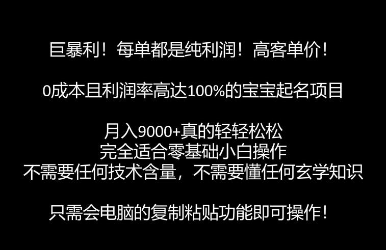 巨暴利，月入9000+的宝宝起名项目，每单都是纯利润，零基础都能躺赚【附软件+视频教程】-<a href=