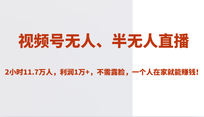 视频号无人、半无人直播2小时11.7万人，利润1万+，不需露脸，一个人在家就能赚钱！-<a href=