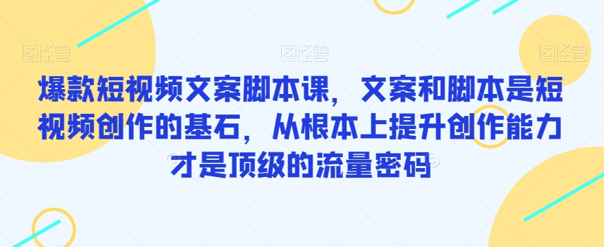 爆款短视频文案脚本课，文案和脚本是短视频创作的基石，从根本上提升创作能力才是顶级的流量密码-<a href=