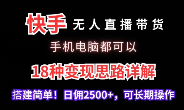 快手无人直播带货，手机电脑都可以，18种变现思路详解，搭建简单日佣2500+-<a href=