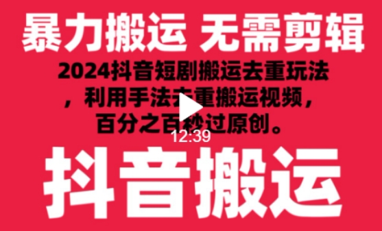 2024最新抖音搬运技术，抖音短剧视频去重，手法搬运，利用工具去重，达到秒过原创的效果-<a href=