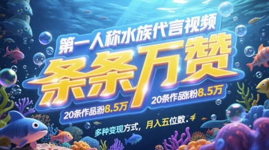 第一人称水族代言视频，条条万赞，20条作品涨粉7.8W，多种变现方式月入五位数-白戈学堂