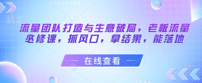 流量团队打造与生意破局，老板流量必修课，抓风口，拿结果，能落地-白戈学堂