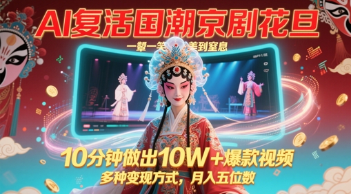 AI复活国潮京剧花旦，一颦一笑美到窒息，10分钟做出10W+爆款视频，多种变现方式，月入五位数-白戈学堂