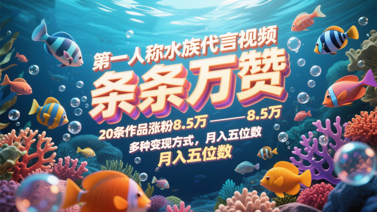 第一人称水族代言视频，条条万赞，20条作品涨粉8.5万，多种变现方式月，入五位数-白戈学堂